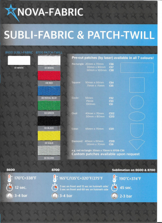 Цветовая карта серий NOVA-FLEX 8600 SUBLI-FABRIC / 8700 PATCH-TWILL