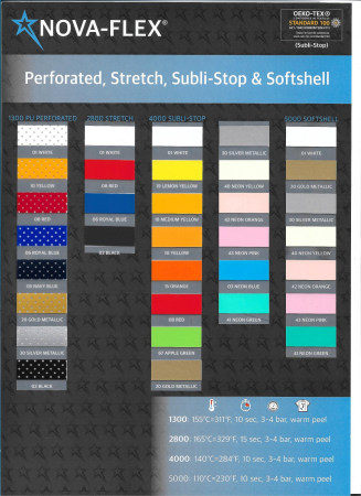 Цветовая карта серий NOVA-FLEX 1300 PU PERFORATED / 2800 STRETCH / 4000 SUBLI-TOP / 5000 SOFTSHELL